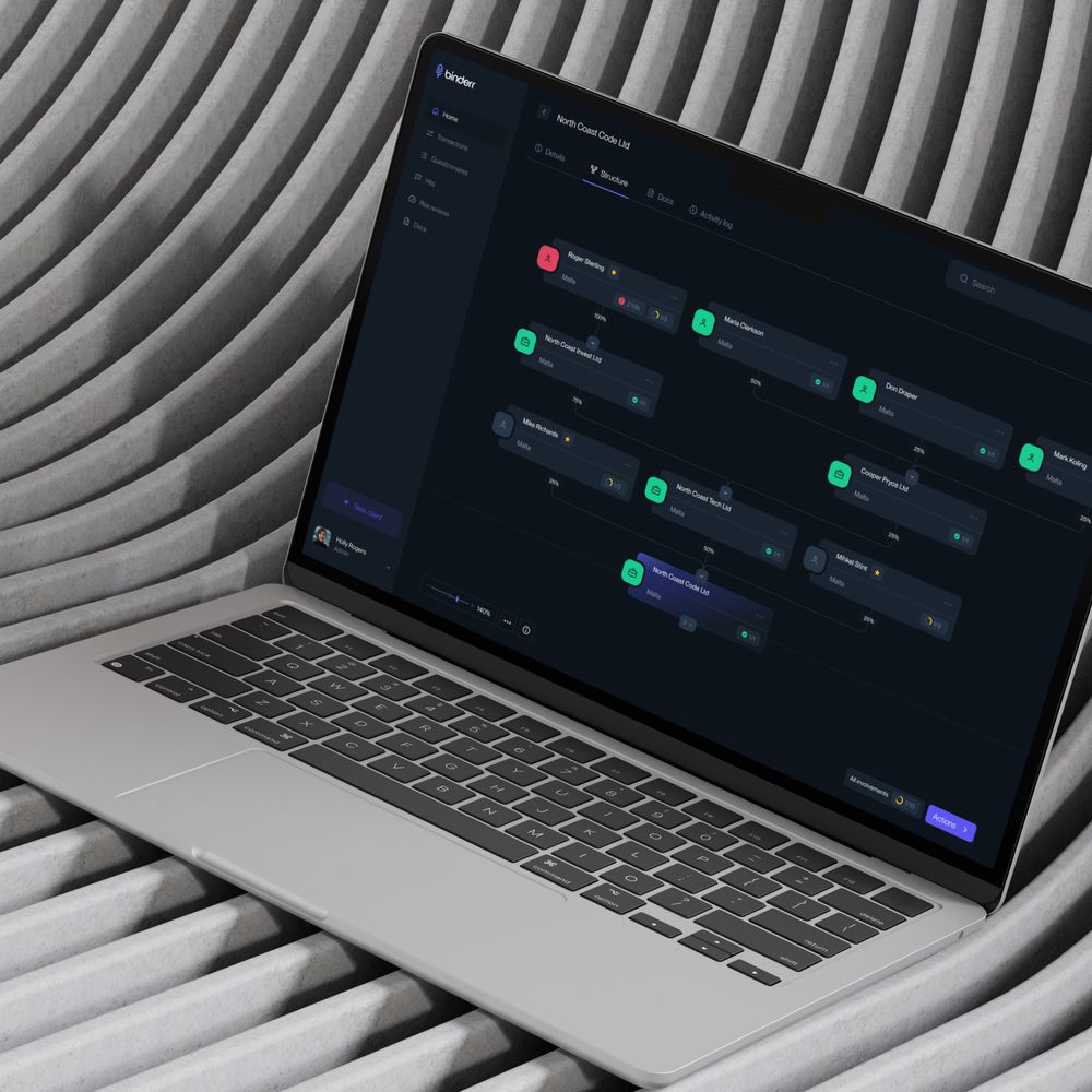 Binderr Platform on Laptop Corporate Structure Verification In-Device Mockup